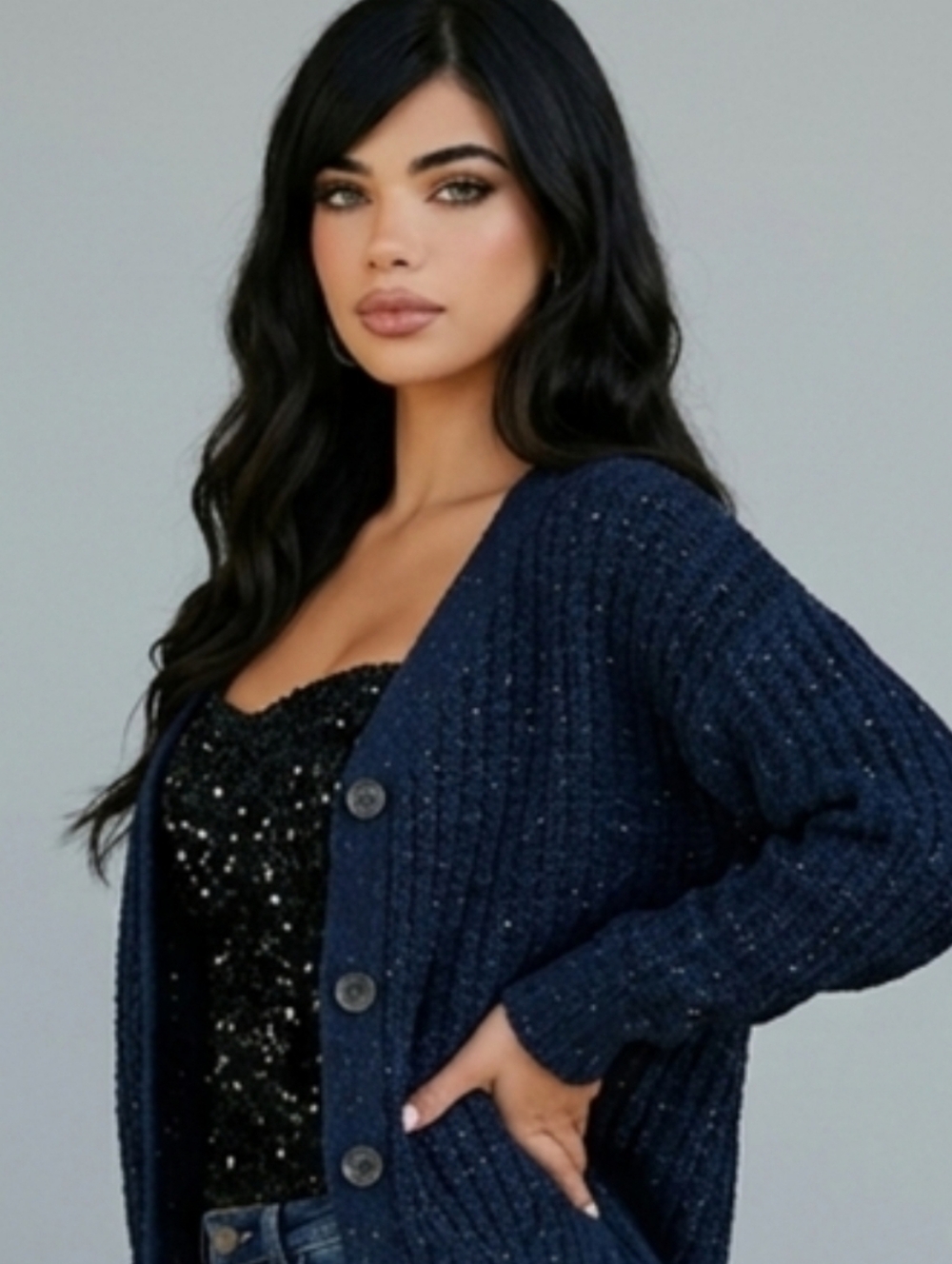 NWT Maurices Black Metallic Speckled V-Neck Cardigan M Shimmery